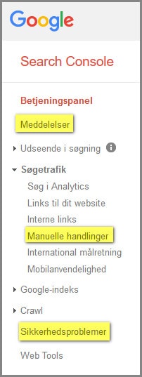 Screenshot Search Console. Tjek for problemer med din WordPress sikkerhed her. Renesejling.dk