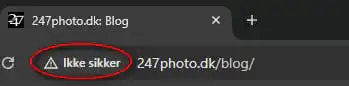 Browserlinje i Chrome med hjemmeside ikke sikker. renesejling.dk