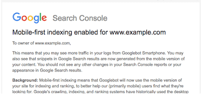 Ex. på Google Search Console besked om Mobile First indeksering. renesejling.dk