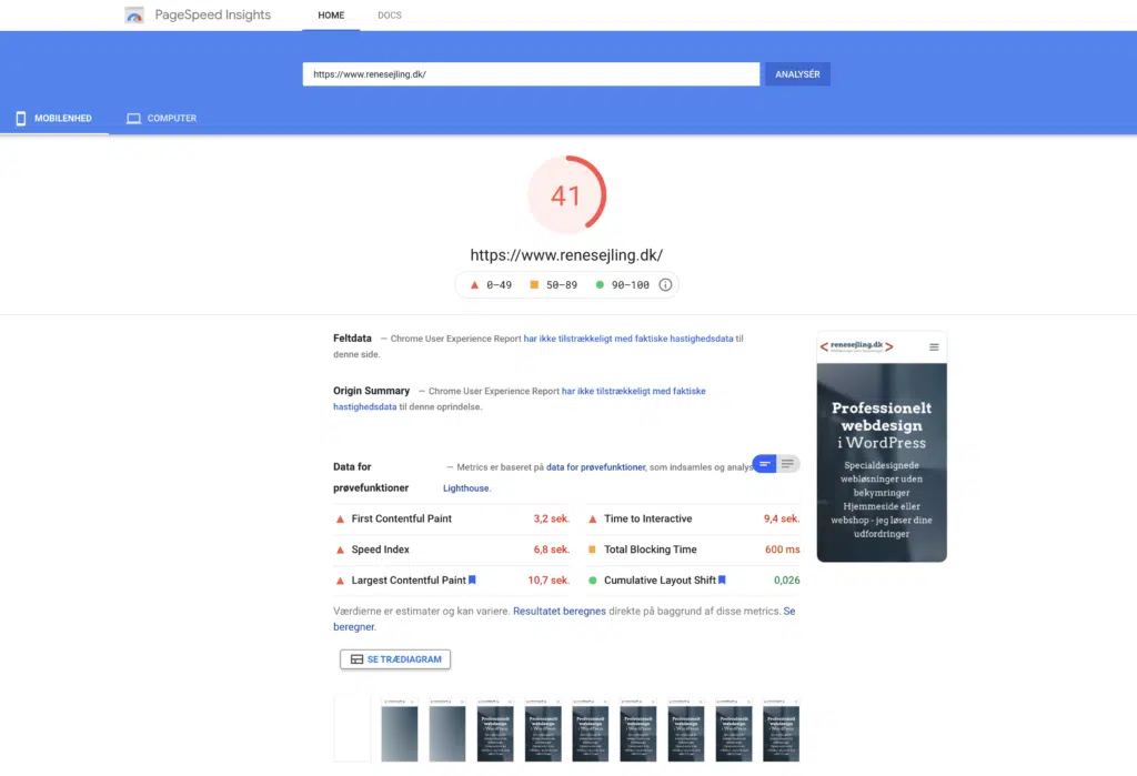 Score på mobil før WordPress hastighedsoptimering lig 41. renesejling.dk
