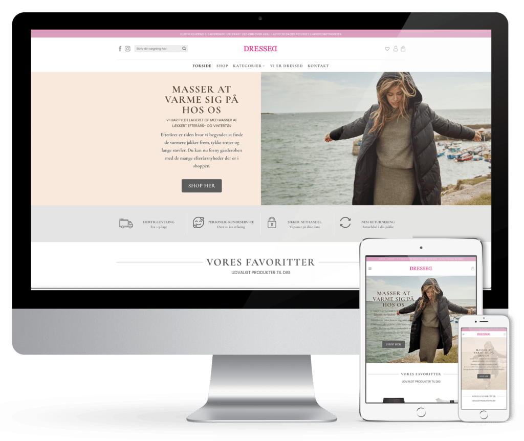 Webshop til salg af tøj vist på forskellige skærme. Hvad koster en webshop. renesejling.dk