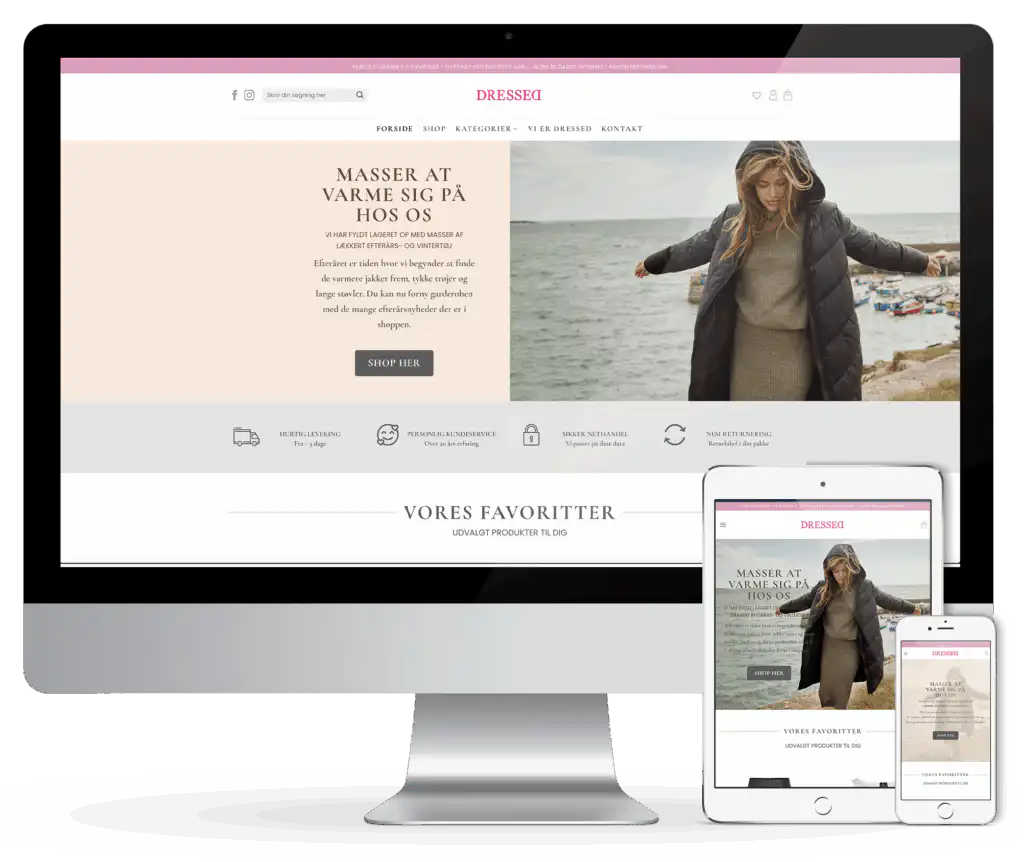 Webshop til salg af tøj vist på forskellige skærme. Hvad koster en webshop. renesejling.dk