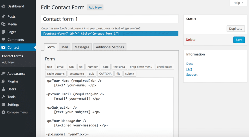 Backend WordPress kontaktformular med plugin Contact Form 7. renesejling.dk