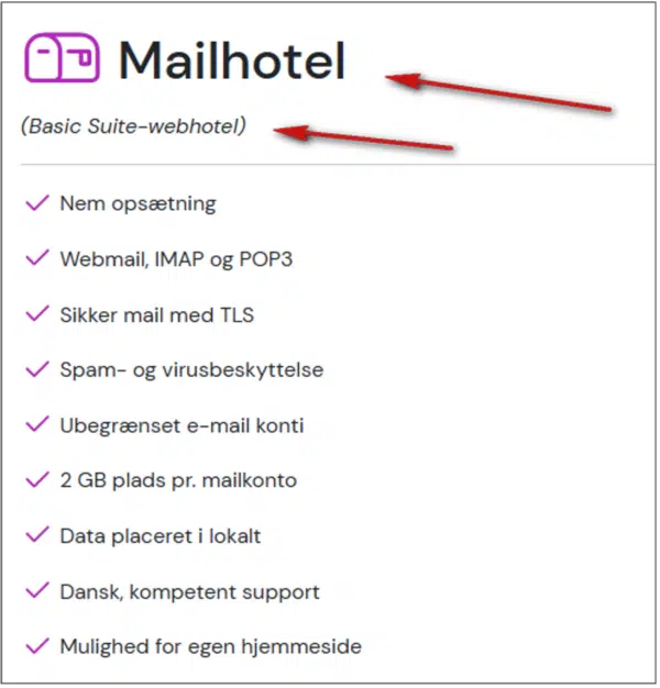 Screenshot af mailhotel vs webhotel. Opret mail med eget domæne kræver hosting.