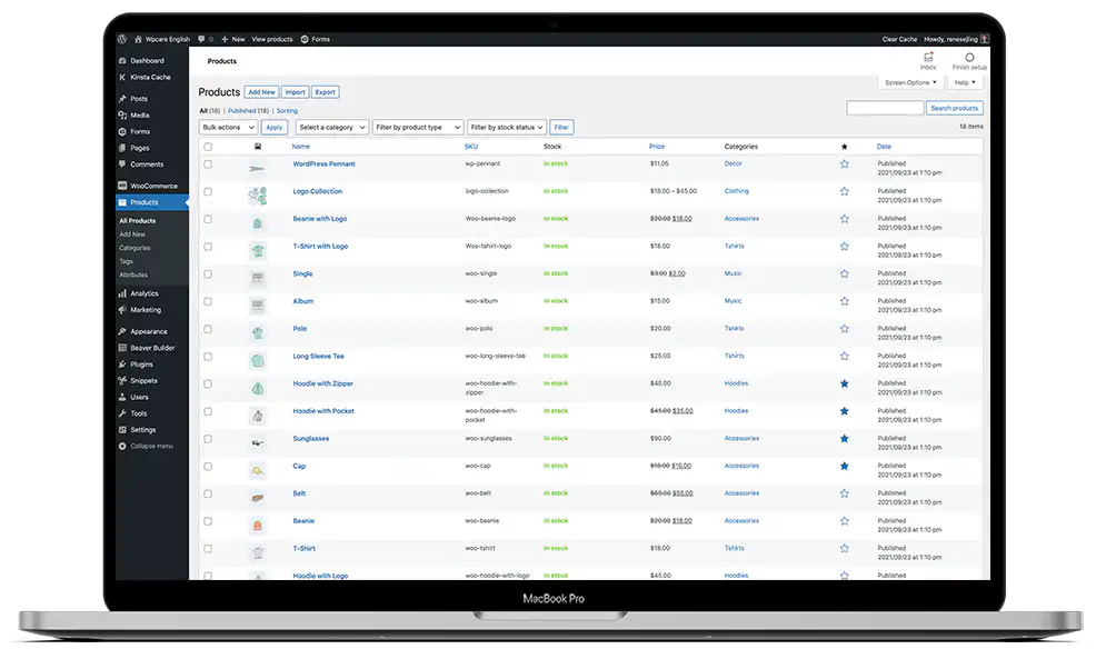 Webshop backend - Produktsiden giver nemt overblik over lager. renesejling.dk